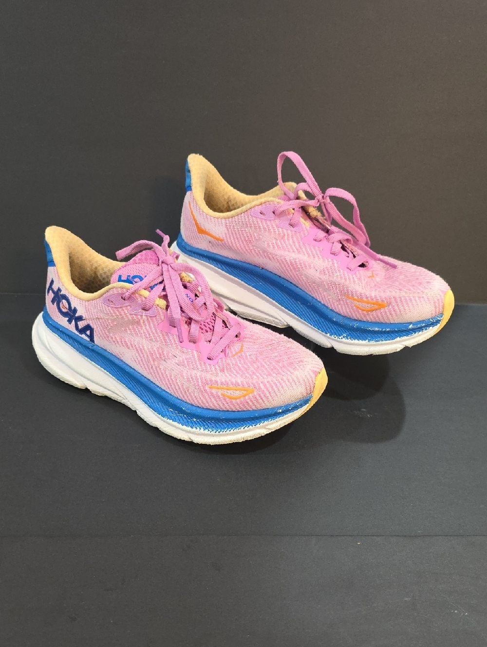 Hoka Clifton 9 Women's Pink and Blue Running Shoes with Yellow Accents Size 6